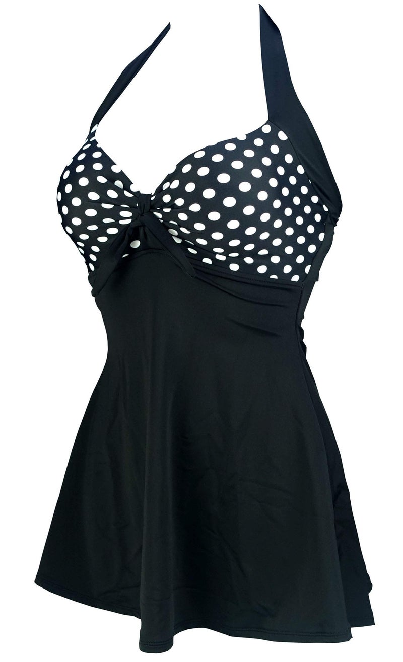 COCOSHIP Black & White Polka Dots Splice Retro Sailor Pin Up Swimsuit One Piece Skirtini Cover Up Cruise Swimdress Swimwear M(US8) - Image 2